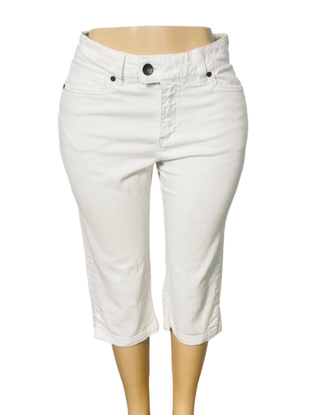 Lee Women's White Solid Capri Pants Size 10 Cotton Spandex Button Zip Flat
